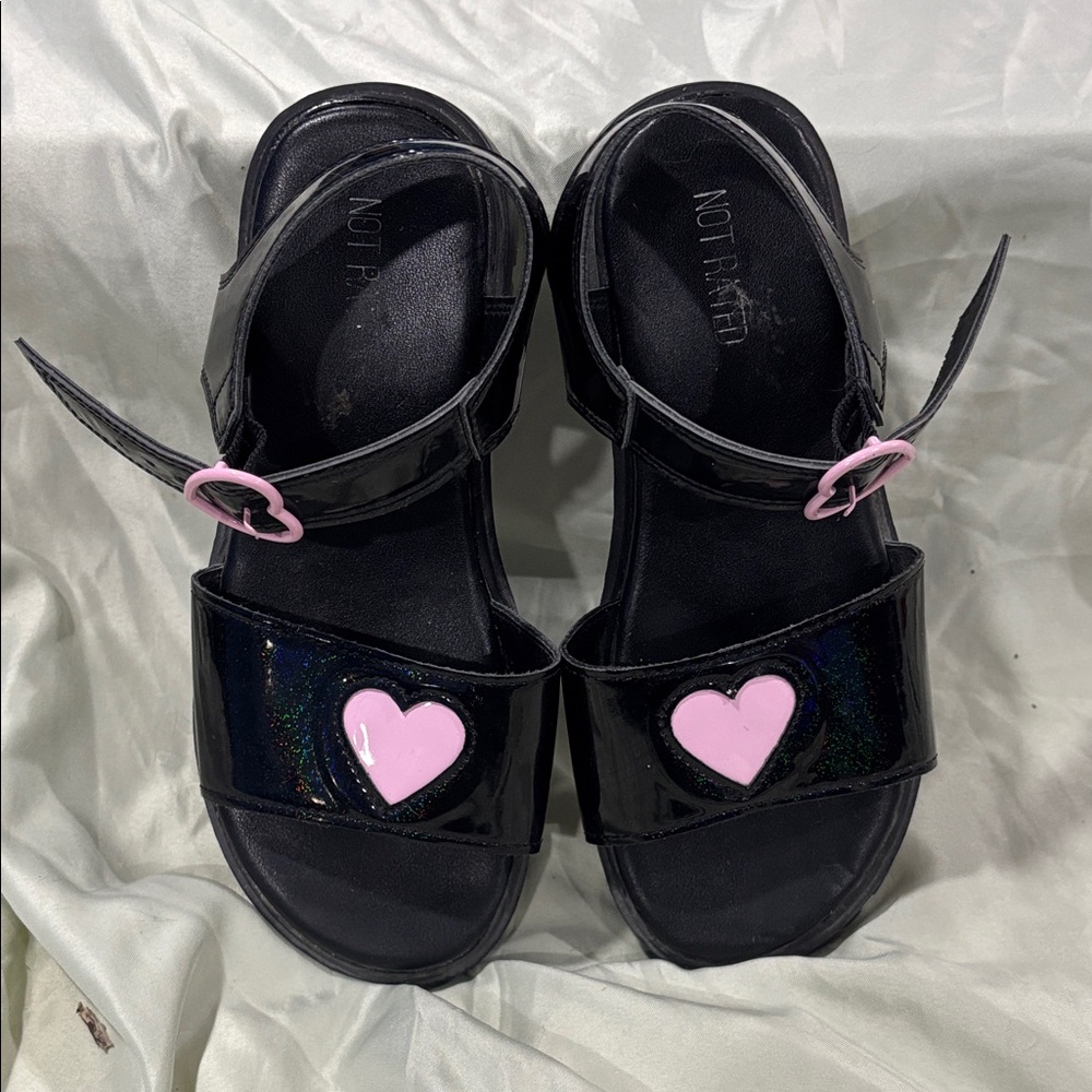 Not Rated Black Sandals with Pink Heart